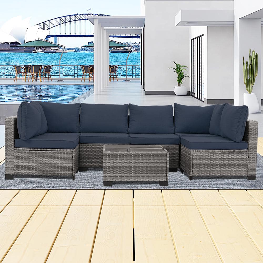 7-Piece Gray Hand Woven Rattan Wicker Outdoor Patio Sectional Sofa Set with