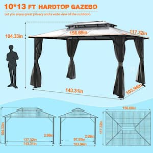 13 ft. x 10 ft. Polycarbonate Double Top Gazebo with Gray Curtains and Netting