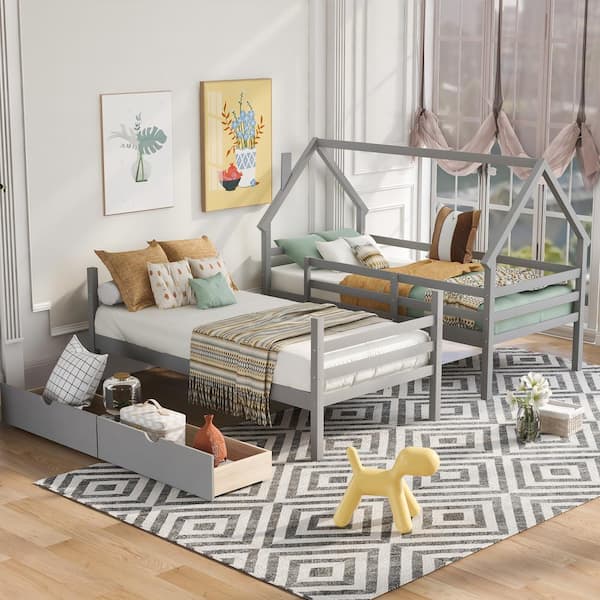 ANBAZAR Gray Twin Detachable House Bunk Bed with 2 Drawers and Safety Ladder, Wooden 2 Kids Bunk Bed Frame with Roof