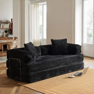 Mega 80 in. Black Plush Corduroy King Size Convertible Sleeper Loveseat Lounge Modular Folding Sofa Bed with Pillow