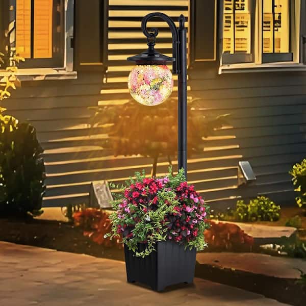 1-Light Solar Plastic Black LED Outdoor Weather Resistant Post Light Set with Planter and Mosaic Glass Shade