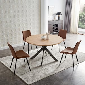 5-Piece Modern Oak MDF 46.4 in.Round Table Metal Legs Dining Table Set Seat 4 with 4 Brown Chairs