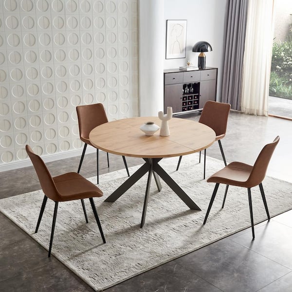 GOJANE 5-Piece Brown Chairs and  Round Oak Wood Top , Dining Table Set, Dining Room Set with 4-Modern Chairs