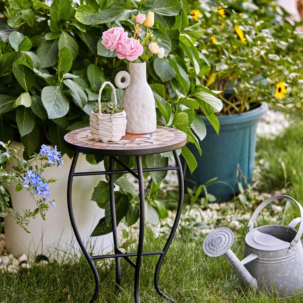 Round Maple Ceramic Tile Top Outdoor Side Table