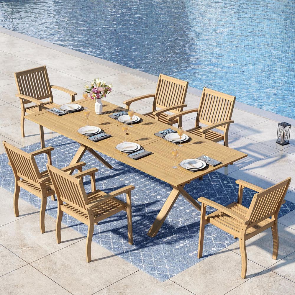 PHI VILLA Brown 7-Piece Outdoor Patio Dining Set with Acacia Wood