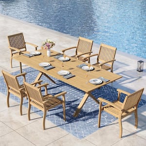 PHI VILLA Brown 9-Piece Outdoor Patio Dining Set With Acacia Wood