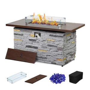 43 in. Propane Fire Pit Table Outdoor Stone Firepit Table Rectangular 50000 BTU Propane Fire Tables - Gray