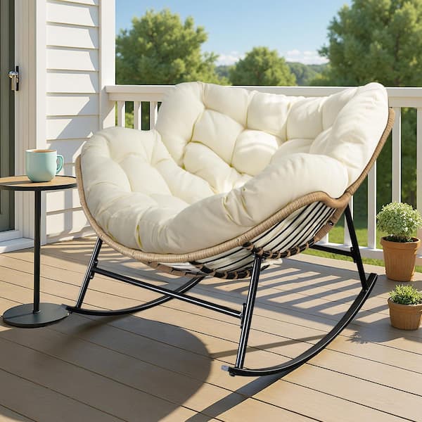 Unbranded Oversized PE Wicker Outdoor Rocking Chair Papasan Lounge Chair with Beige 5.1 in. Thick Cushion