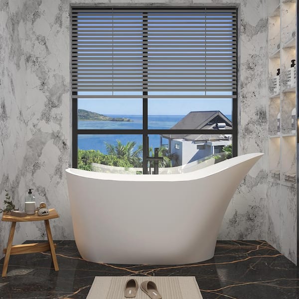 VANITYFUS 67 in. x 29 in. Stone Resin Flatbottom Solid Surface Non-Slip Freestanding Soaking Bathtub in Matte White