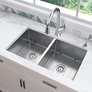 Tight Radius 36 in. Undermount 50/50 Double Bowl 18 Gauge Stainless Steel Kitchen Sink with Pull-Down Faucet
