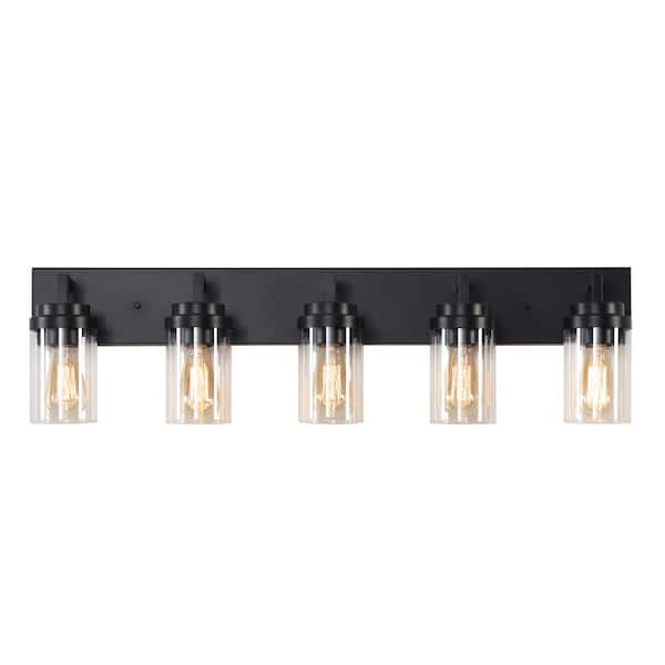 36 in. 5-Light Black Vanity Light with Clear Glass Shade