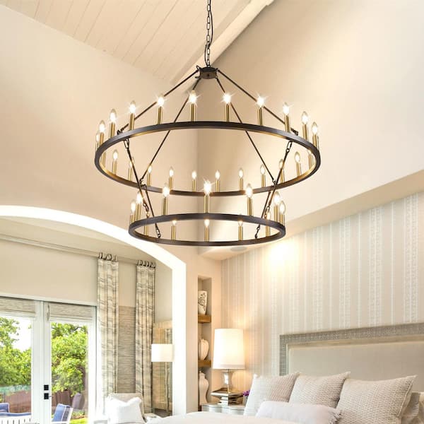 Magic Home 47 in. 36-Light Black and Gold 2-Tier Large Farmhouse Wagon Wheel Loft Retro Round Chandelier for Living Room Foyer Bar