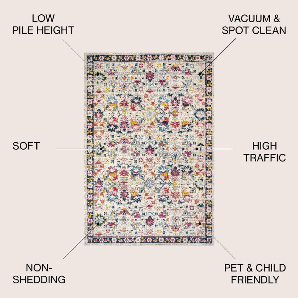 Ivory and Multicolor Synthetic Persian Boho Floral 5' x 8' Rug