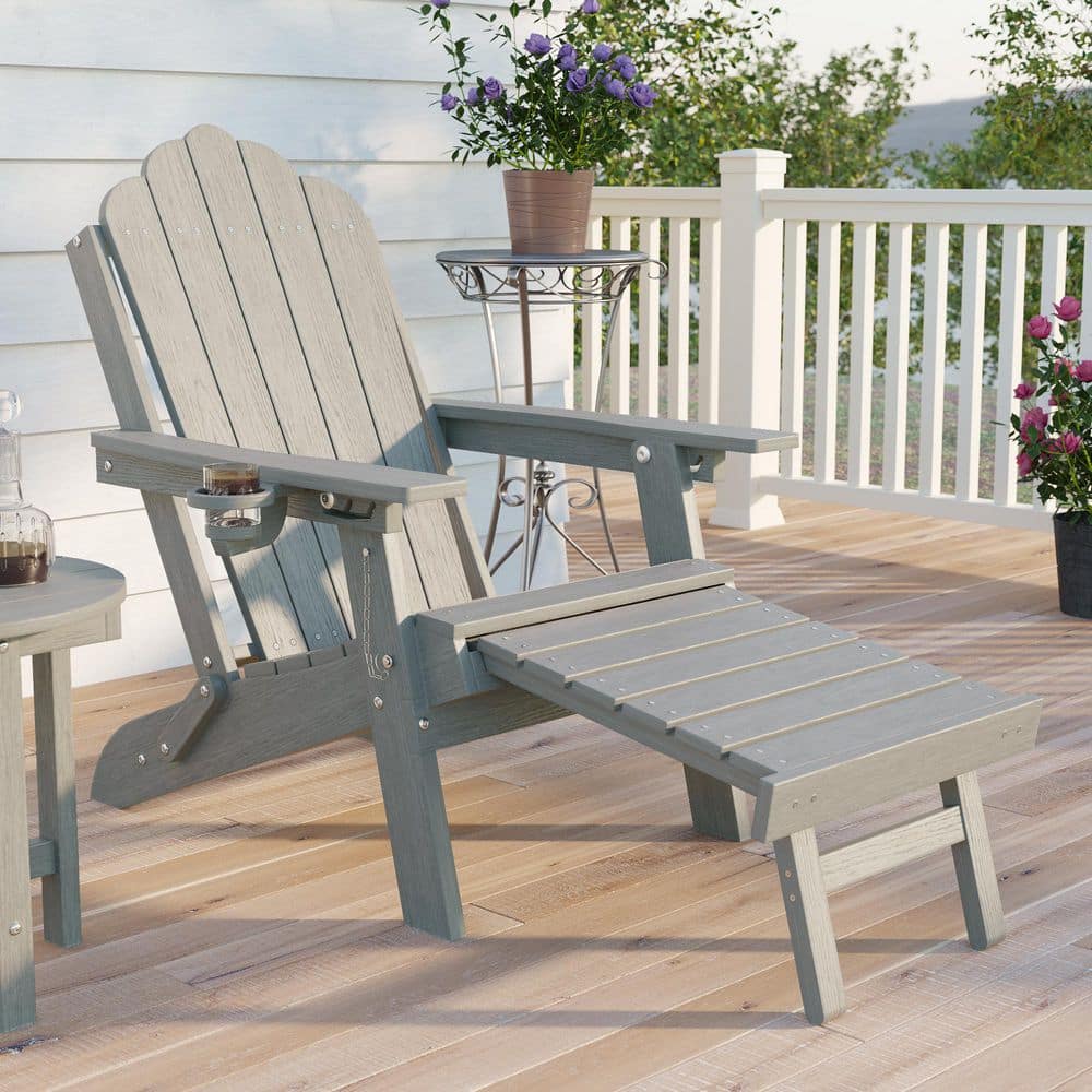 Light Gray HDPE Plastic Folding Adirondack Chair with Retractable Ottoman and Cup Holder Set of 1 price history on PriceWatchPro