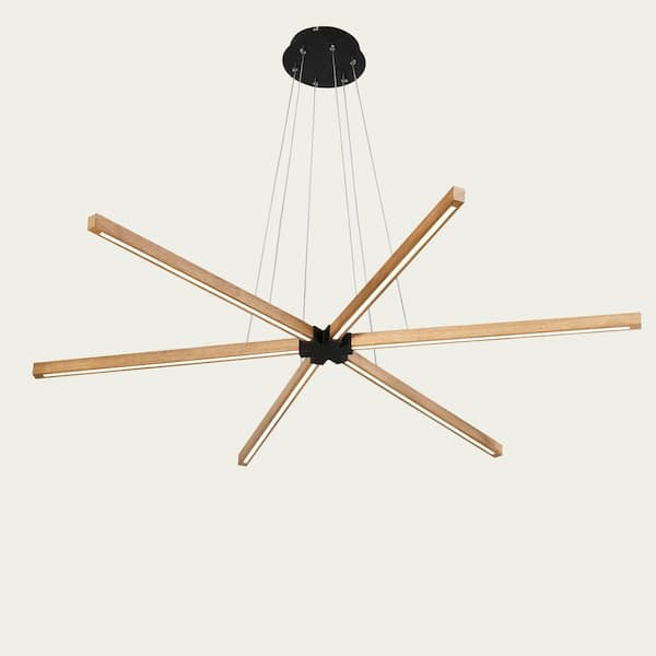 43 in. Farmhouse 5-Light Dimmable Integrated LED Linear Starburst Chandelier Oak Wood Pendant Light for Dining Room​