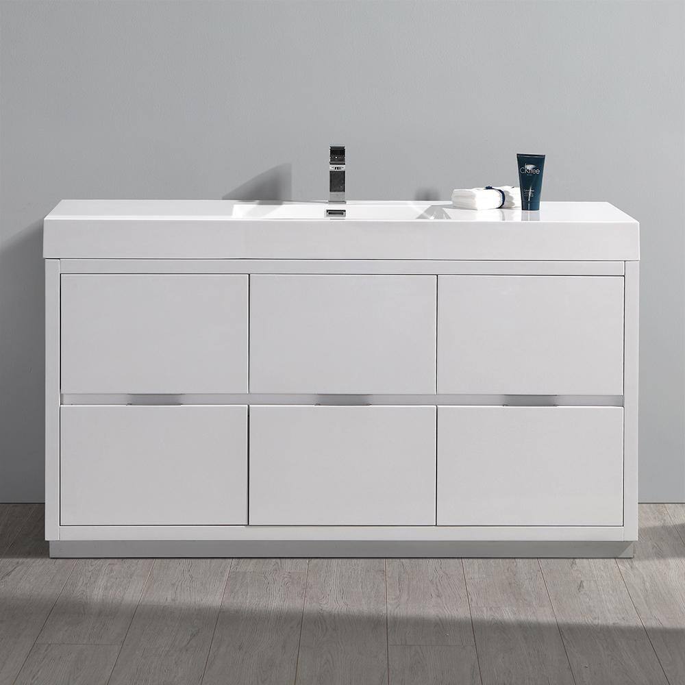 Glossy White 60" Modern Freestanding Vanity with Man-Made Stone Top
