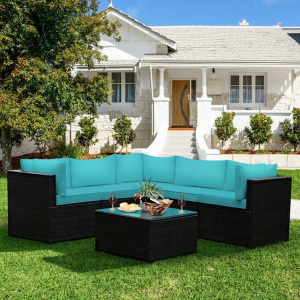 Kadehome 6-Piece Wicker Outdoor Rattan Patio Conversation Sectional Sofa Set with Turquoise Cushions