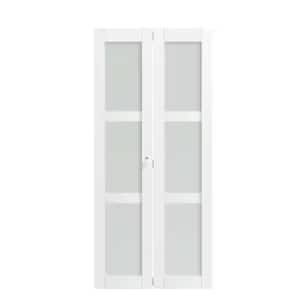 36 in. x 80 in. 3-Panel Frosted Glass Solid MDF Core White Finished MDF Bi-Fold Doors With Hareware