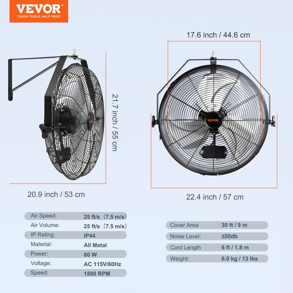 VEVOR 18'' Black Industrial Wall Mount Fan with Aluminum Blades