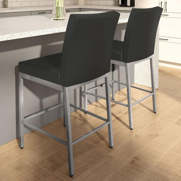 Amisco Perry Plus 30 in. Black Faux Leather/Metallic Grey Metal Bar Stool