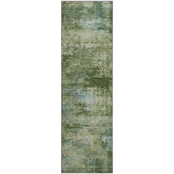 Mayfield Premium Machine Washable Abstract AMF2370 Green 2 ft. x 7 ft. Runner Rug