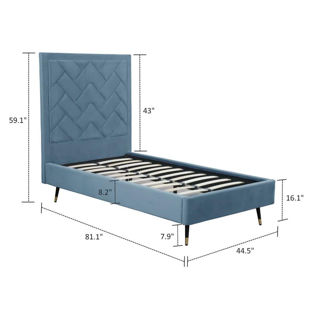 Blue velvet twin platform bed with dimension measurements.