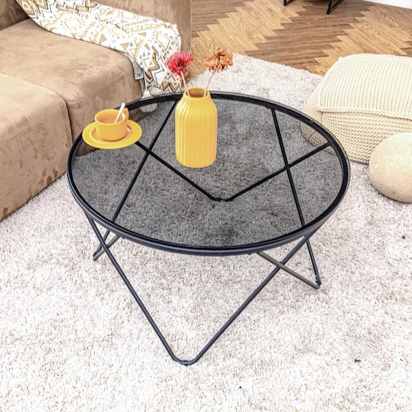 Homy Casa Canales 31.5 in. Black Round Glass Coffee Table