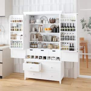 White Wood Pantry Organizer, Cupboard Storage Cabinet with 8-Door Shelves, Adjustable Shelves, 7-Drawers and 8-Wine Rack