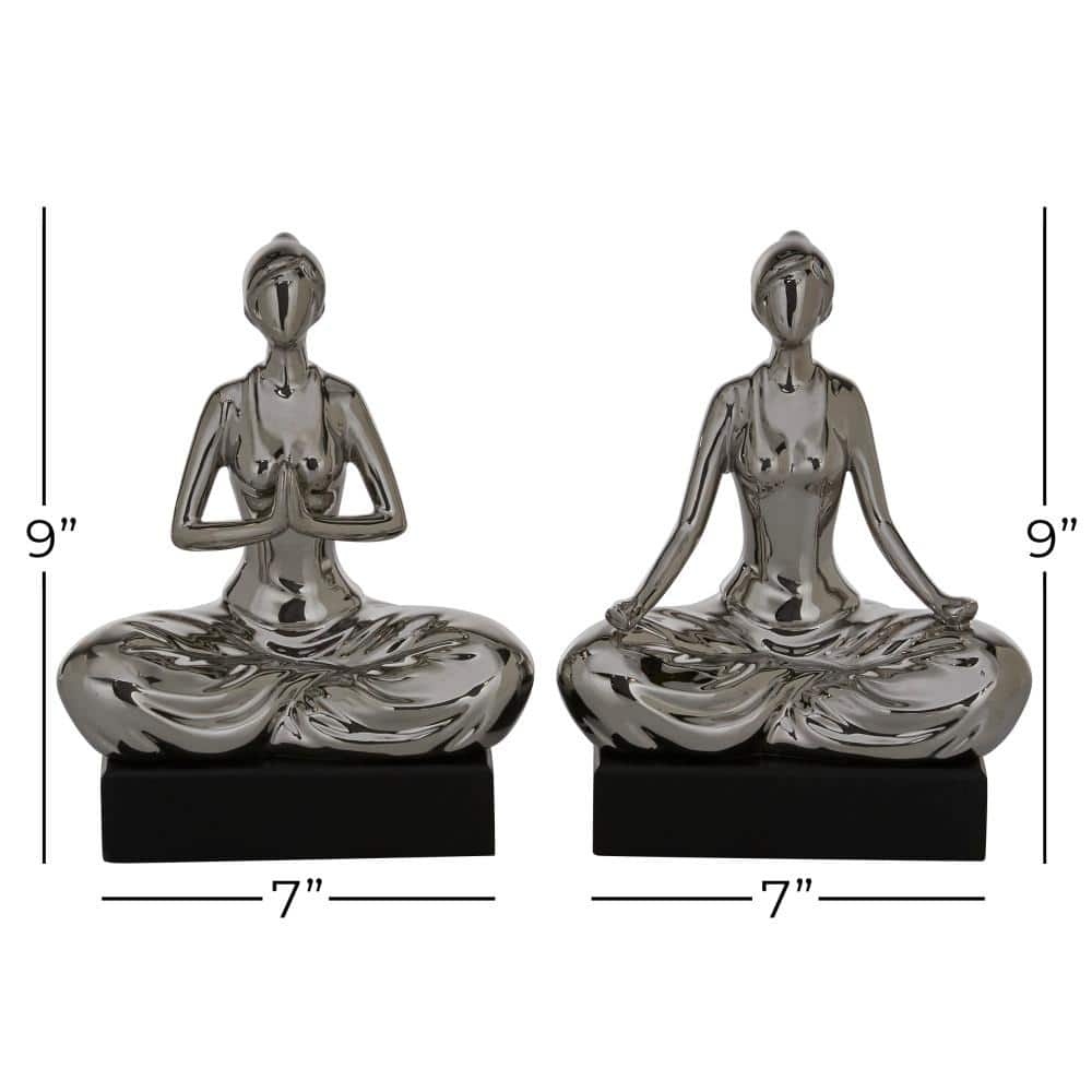 Silver Porcelain Yoga Statue Set with Black Base