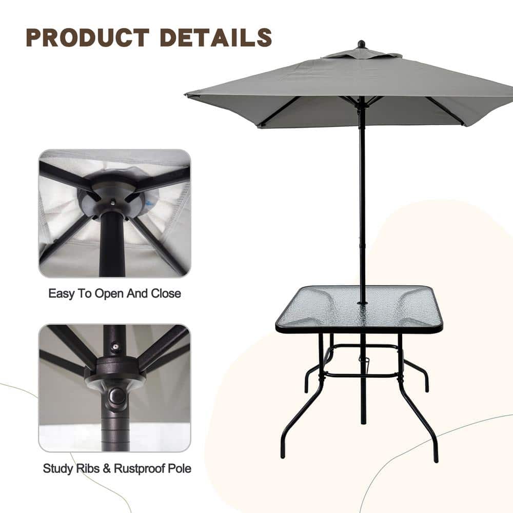 Black 4-Piece Steel and Glass Outdoor Dining Set with Umbrella