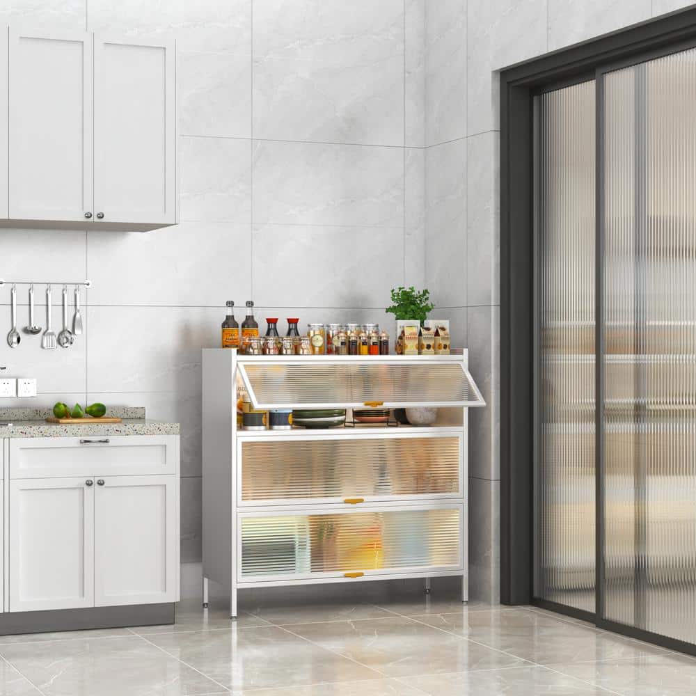 3-Shelf White Metal Pantry Organizer with Flip-Type PC Door Panel Kitchen S