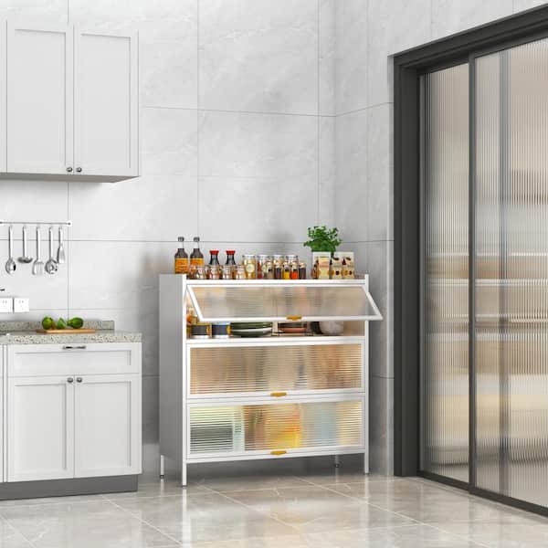 Unbranded 3-Shelf White Metal Pantry Organizer with Flip-Type PC Door Panel Kitchen Storage Cabinet Microwave Rack Storage Rack
