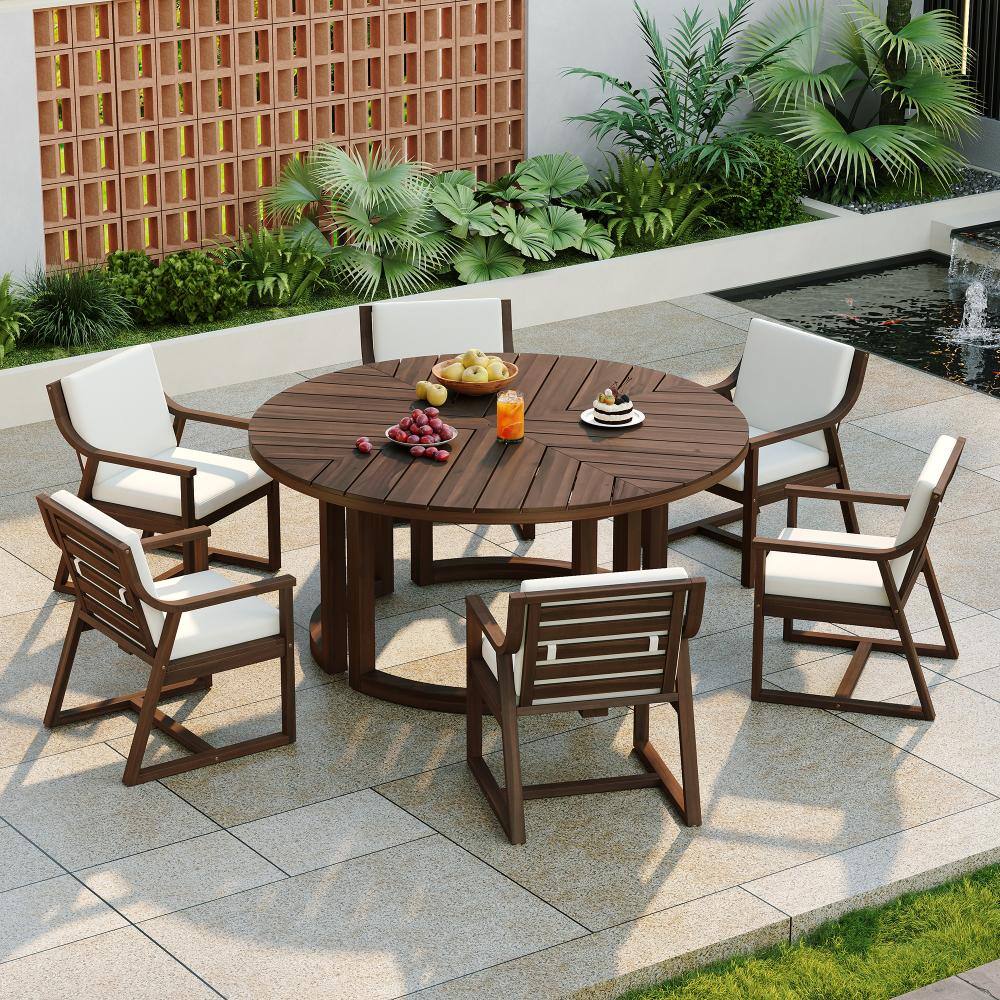 7-Piece Acacia Wood Outdoor Dining Set with Beige Cushions, Umbrella Hole price history on PriceWatchPro