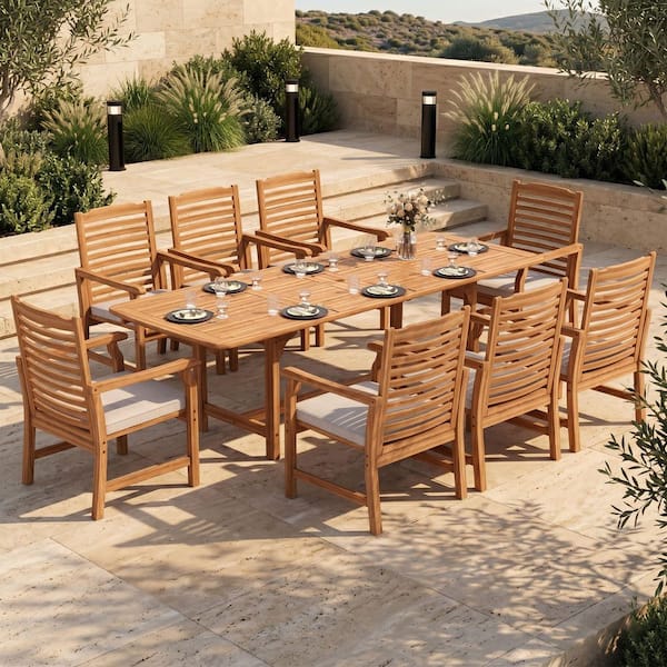 PHI VILLA Brown 9-Piece Wood Patio Outdoor Dining Set With