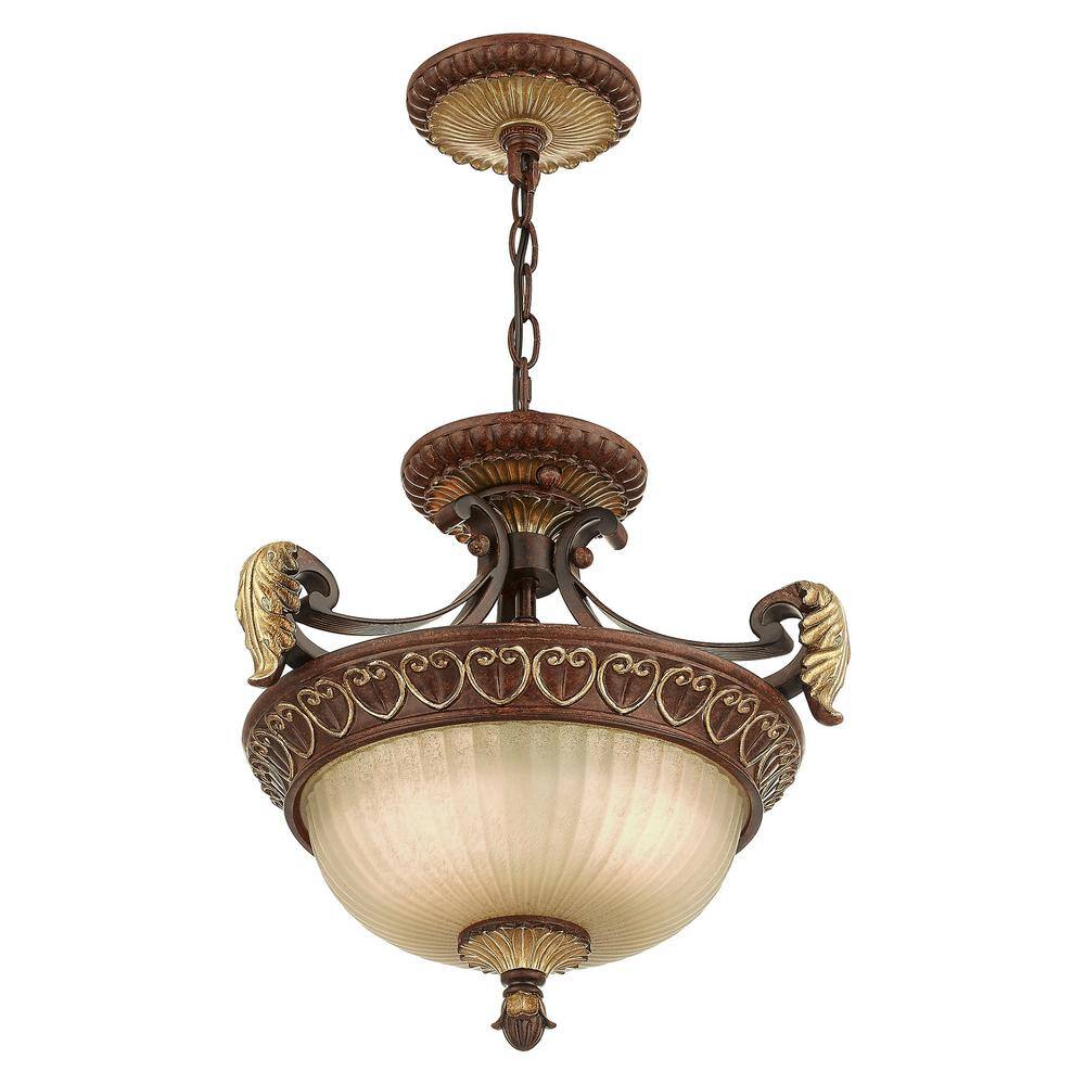 Villa Verona Bronze & Aged Gold Leaf 2-Light Pendant with Rustic Art Glass