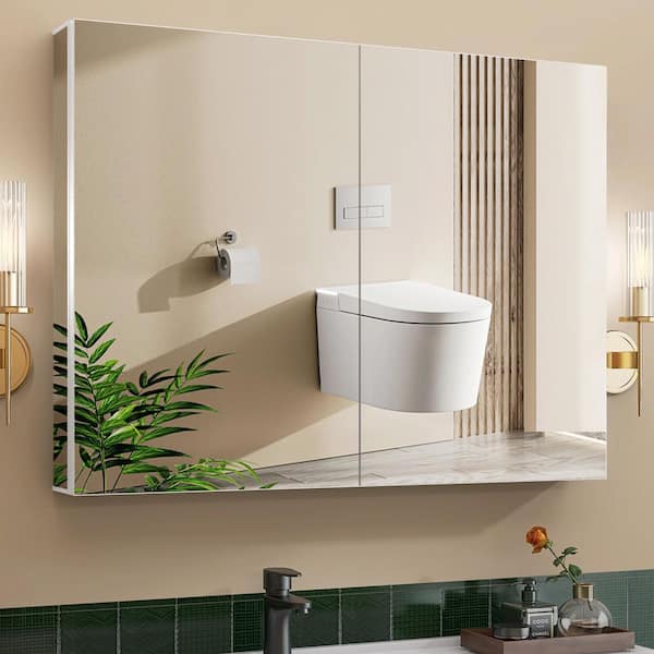 Vie 40 in. W x 30 in. H White Rectangular Recessed or Surface Mount Aluminum Tri-View Medicine Cabinet with Mirror