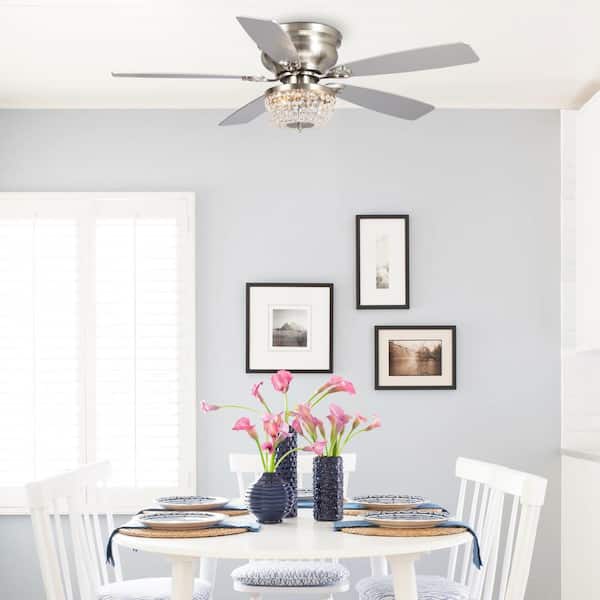 48 in. Crystal Flush Mount Satin Nickel Ceiling Fan with Light Kit and Remote Control