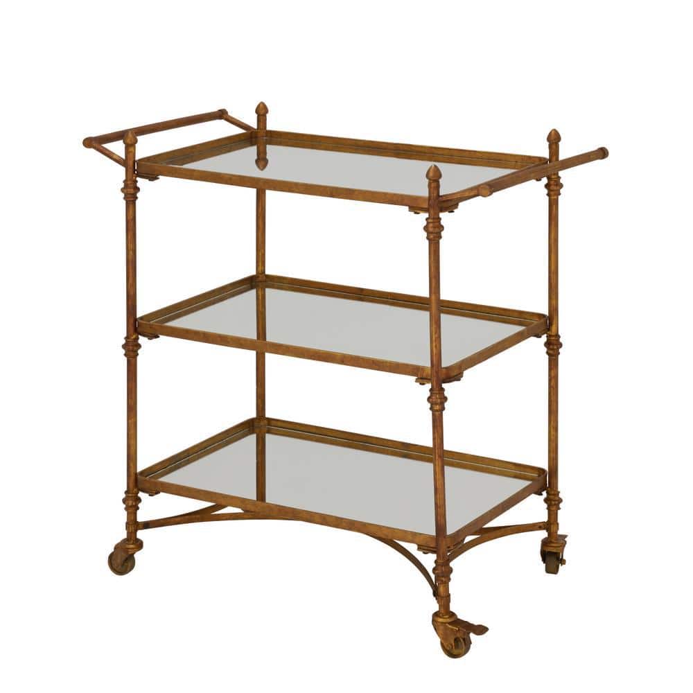 Elegant Brass 35" Rolling Bar Cart with 3 Mirrored Shelves and Handles