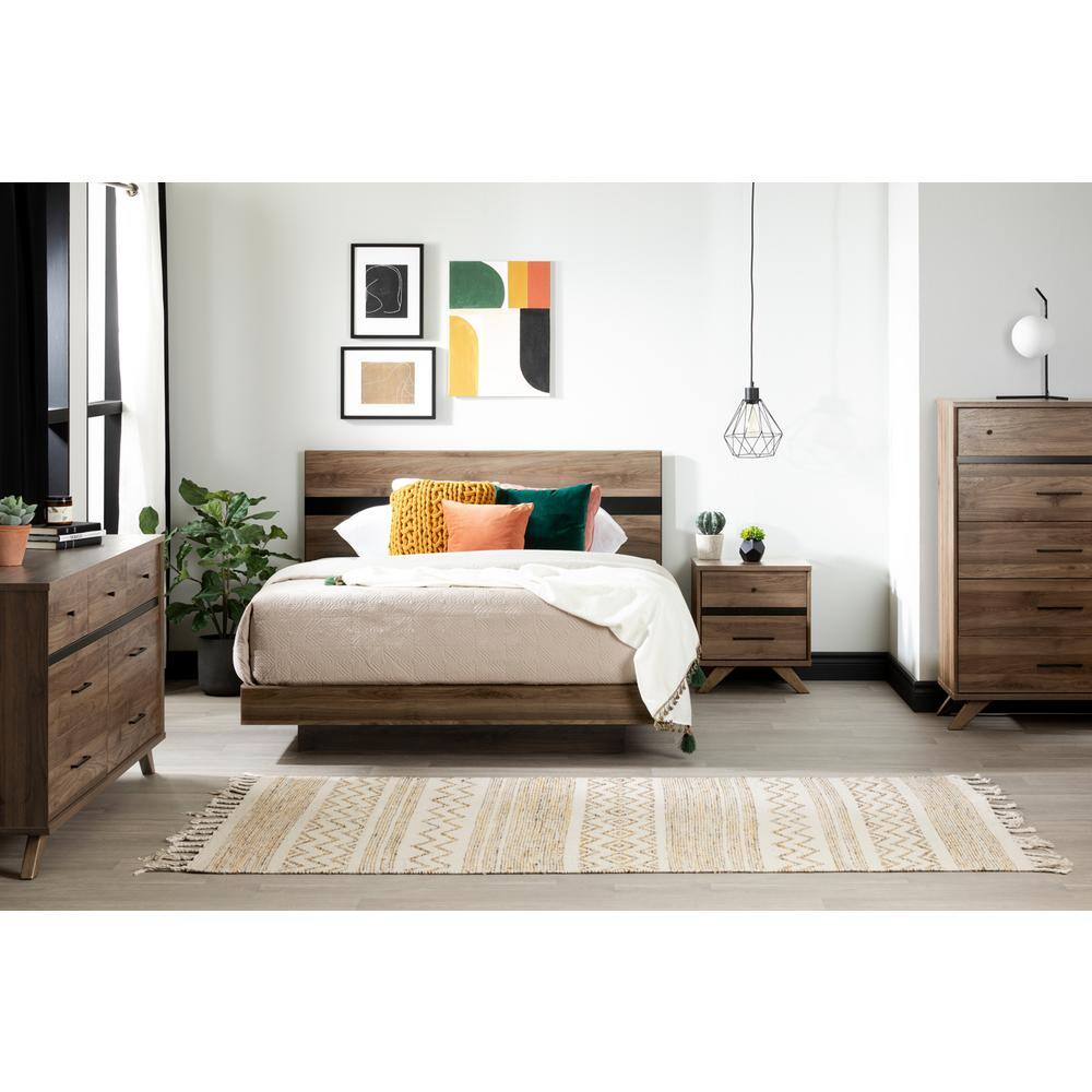 Queen Natural Walnut and Matte Black Floating Platform Bed