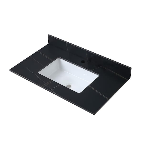 WELLFOR 37 in. W x 22 in. D Sintered Stone Carrara White Rectangular Ceramic Single Sink Bathroom Vanity Top in Black, 1-Hole