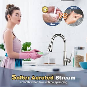 Brushed Nickel Single Handle Pull Down Sprayer Kitchen Faucet with Advanced Spray and Stream in Vibrant Stainless