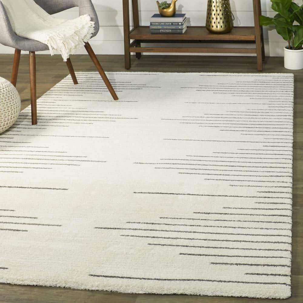 Cream and Gray Synthetic Stripe 9' x 12' Area Rug