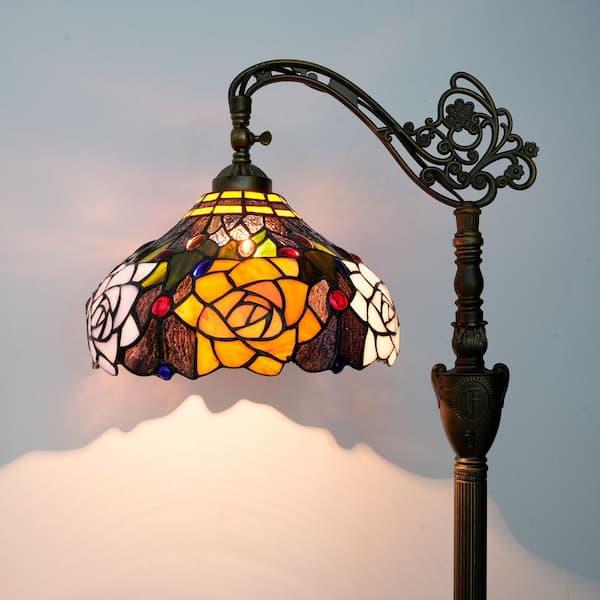 63 in. Tiffany Style Bronze Finish 1-Light Standard Floor Lamp with Multi-Colored Rose Stained Glass Lamp Shade