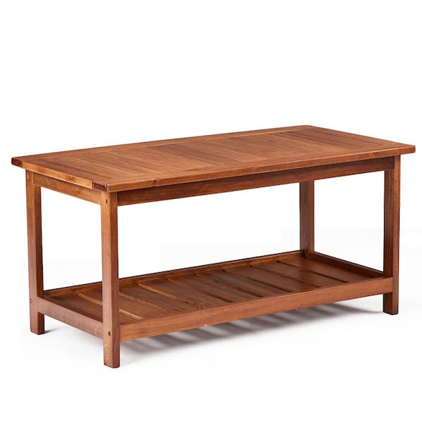 Wood Outdoor Coffee Table, 2-Tier Storage Rectangle Patio Coffee Table