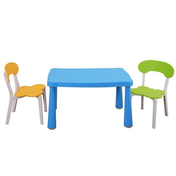Clihome 3-Piece Toddler Table and Chair Set Plastic Top Children Activity Table for Reading, Preschool, Drawing(Tricolor)