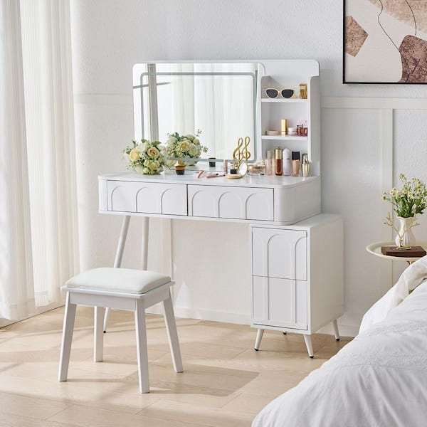 Nestfair White 40 in. W Makeup Vanity with 4 Drawers and Mirror, Dresser  Table Set with Stool MURF529A