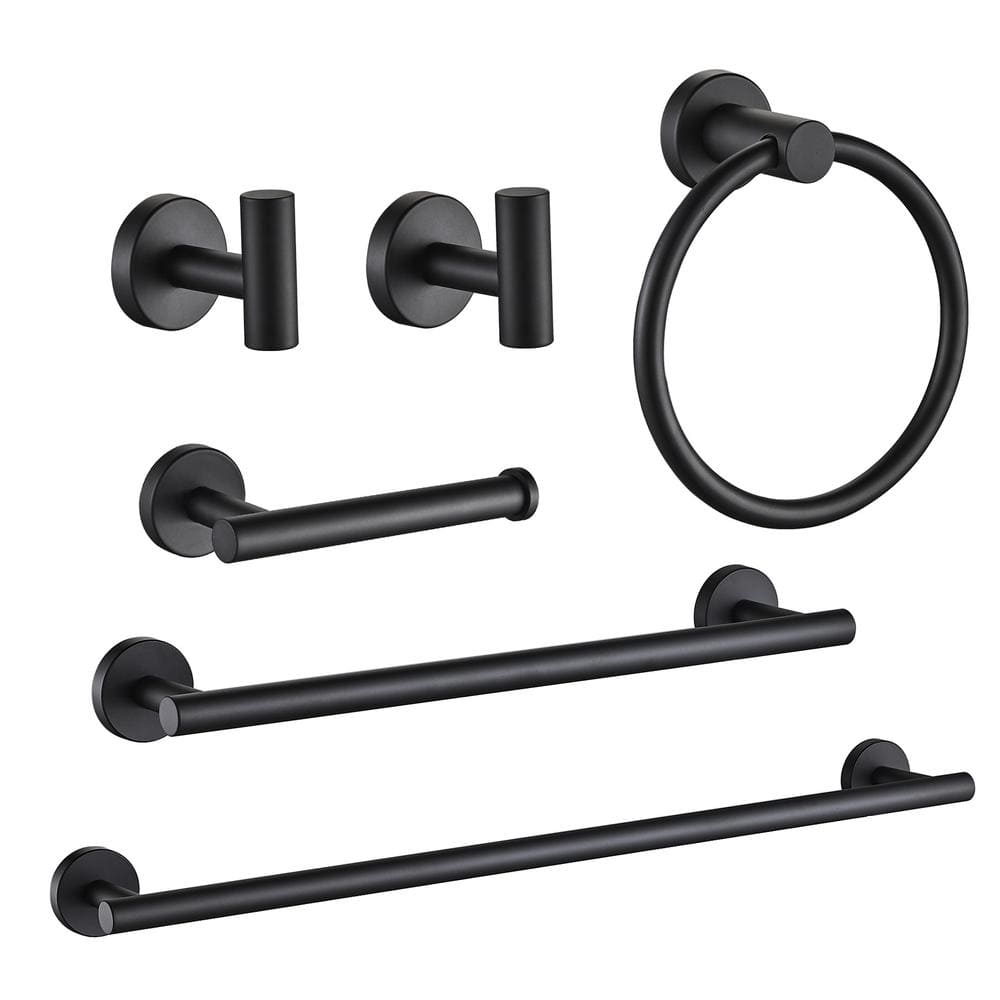 Bathroom Hardware Set 6-Pieces Towel Bar, Towel Ring, Robe Hook, Toilet Paper Holder Bathroom Wall Mounted Matte Black