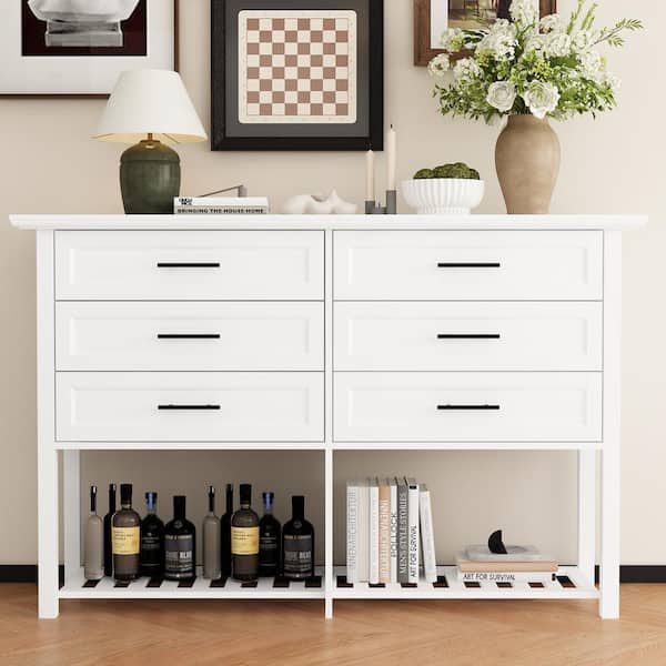 FUFU&GAGA White 6-Drawers 55 in. W Chest of Drawers, Side Console Table, Storage Cabinet with Open Shelves