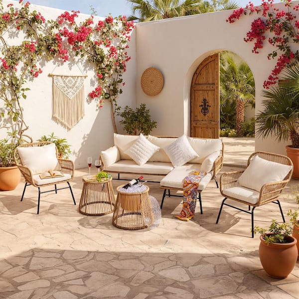 FINCATI 6-Piece Boho Wicker Outdoor Lounge Chair Patio Conversation Set with Beige Cushion Round Ice Bucket and Table