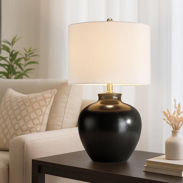 23 in. 3-Way Black Ceramic Table Lamp with Drum Shade
